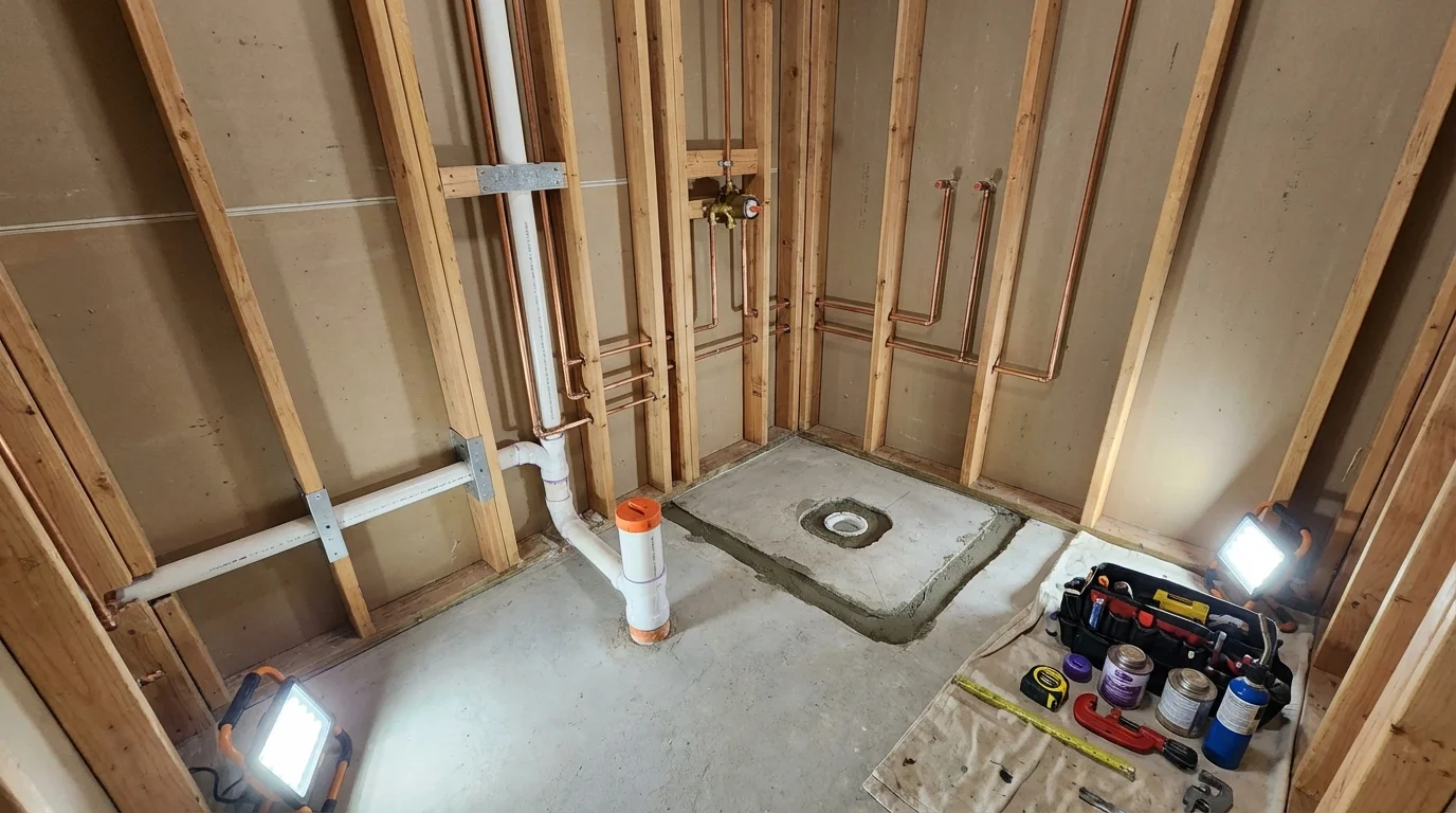 Bathroom rough-in plumbing during remodel by Johns Plumbing LLC in Slatington