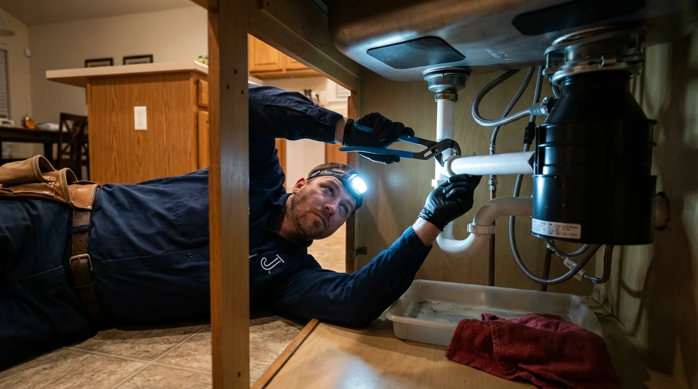 P-trap and supply line connections under a kitchen sink showing a common leak point in Slatington, PA